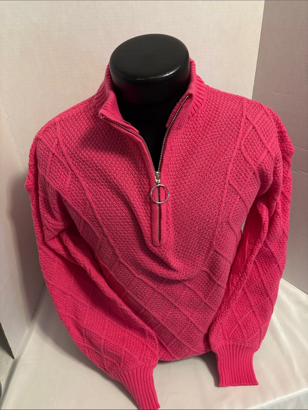 Source Unknown Hot Pink Half-Zip Cable Knit Sweater